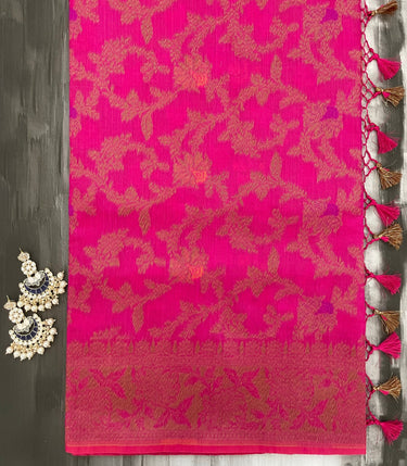 Handloom Tussar Silk Saree with Antique Zari | Magenta Pink | Handwoven | Silk Mark | Ships from California